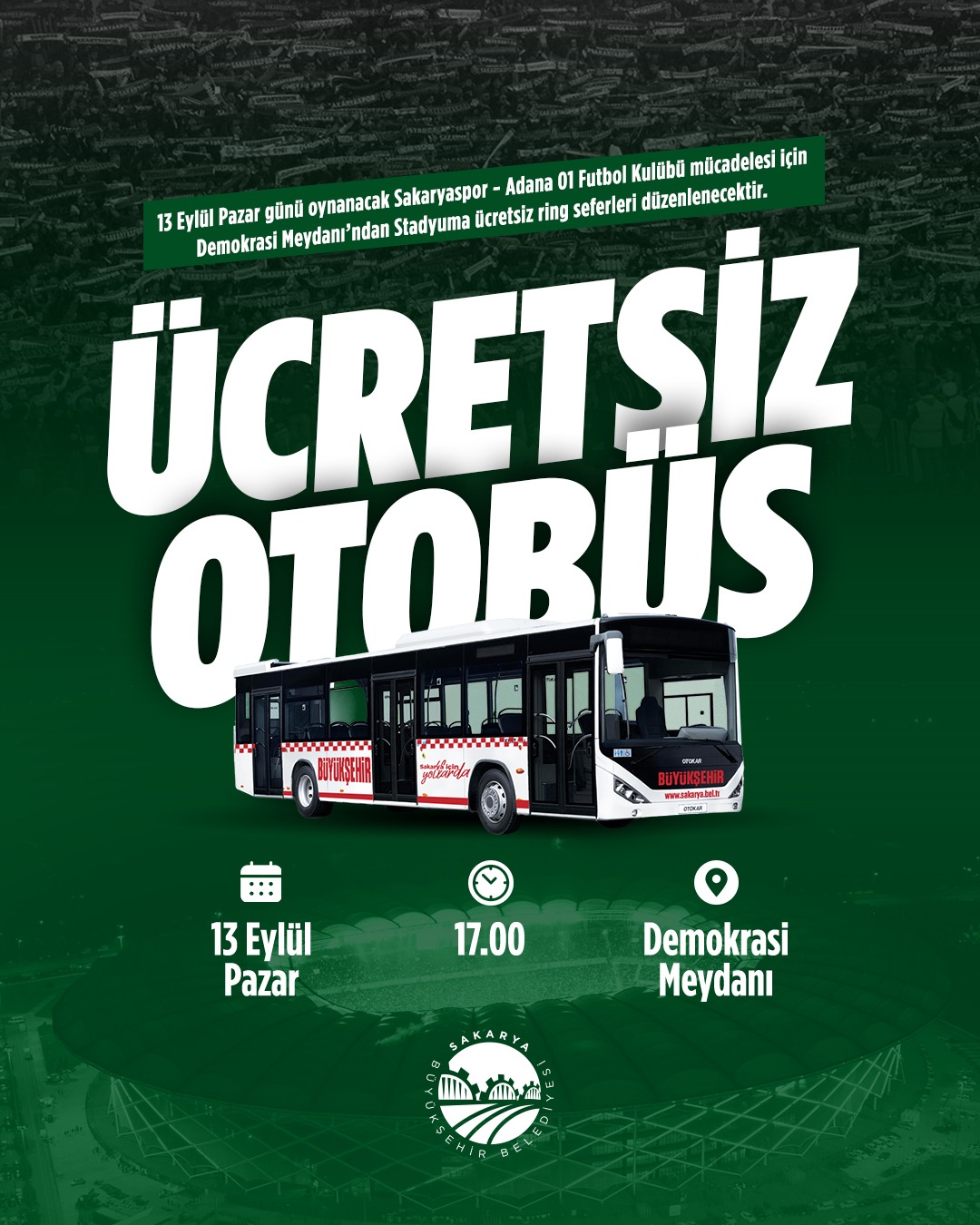 Büyükşehir’den Sakaryaspor maçı için ücretsiz ring seferi